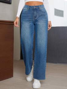 SHEIN Essnce 女士休闲前扣口袋洗水牛仔长裤