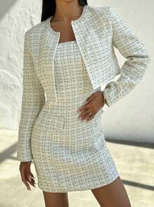 Firerie Autumn/Winter Elegant Tweed Pearl Decor Cropped Jacket Set & Tube Top Mini Skirt Suit, Party & Date Outfit - White - View 1