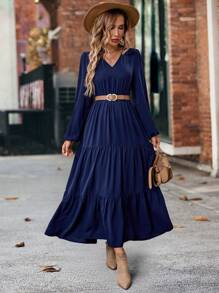 SHEIN LUNE Đầm dài bohemian cổ chữ V tay đèn lồng cho nữ, mùa thu/đông - Xanh đậm - Xem 3