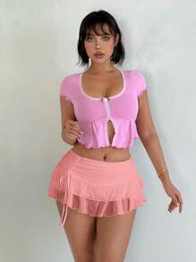 Sweetina Women's Summer Super Low Waist Double Layer Lace Mesh Drawstring Side Mini Skirt - Pink - View 2