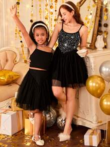 SHEIN Leap Crew Teen Girl's Black Rhinestone & Beaded Mesh Contrast Elegant Ruffle Short Party Dress - Black - View 3