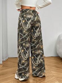 SHEIN PETITE 女士时尚迷彩印花阔腿裤