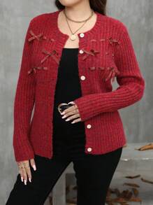 SHEIN LUNE Plus Size Bow Decor Round Neck Front Button Long Sleeve Cardigan