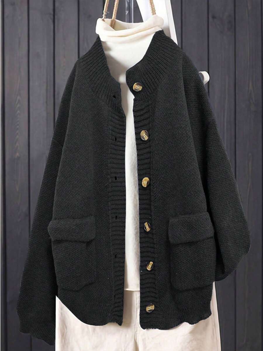 SHEIN LUNE 复古风格宽松前开长袖纯色女式开衫，秋冬款 - 黑色 - 查看 1