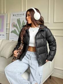 SHEIN EZwear Chaqueta acolchada con capucha de manga larga, informal y holgada, de unicolor, para invierno