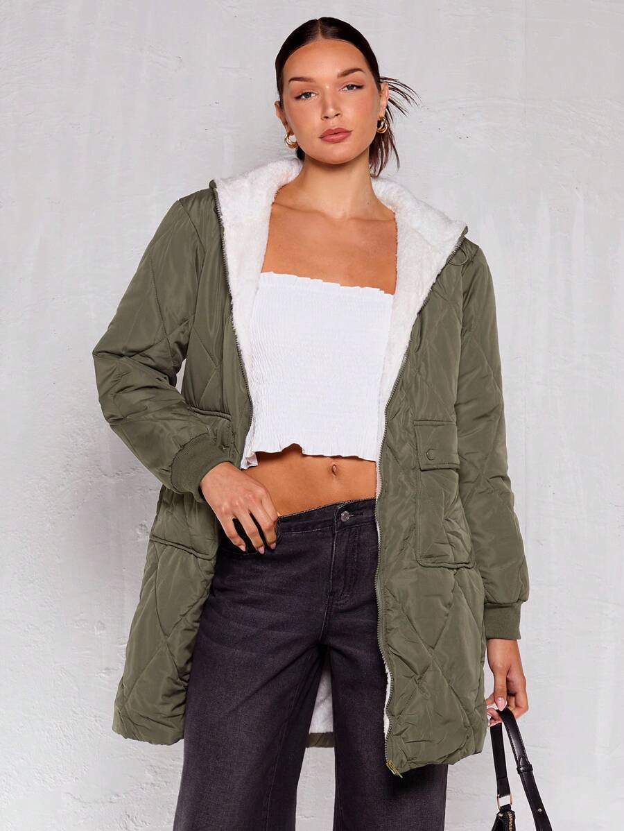 Glamine 1pc Plain Hooded Zipped Pocket Long Sleeve Padded Padded Coat, Winter Clothes Fall Cloth For Women - Army Green - View 1