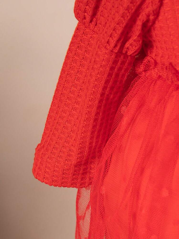 SHEIN 2 件装新生女婴万圣节服装、编织帽和网眼薄纱派对礼服，适合秋季，2024 年设计，时尚舒适，适合圣诞节 - 紅色 - 查看 3