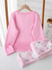 SHEIN 2 件套 Tween Girl 可爱绵羊印花羊毛长袖上衣和裤子家居服套装 - 粉色 - 查看 2