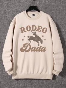 Sudadera básica de cuello redondo con estampado de patrón de letra y eslogan casual de moda occidental y vaquero para hombres, apta para otoño/invierno