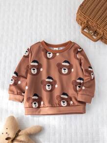 Cozy Pixies Baby Boy Cartoon Christmas Bear Print Crew Neck Long Sleeve Raglan Sweatshirt - Brown - View 4