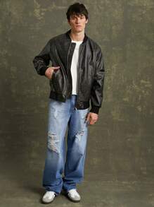 Men Faux Leather Bomber Jacket - Black - View 4