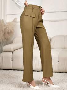 Modelyn Women Solid Color High Waist Slim Flared Leg Office Pants - Khaki - View 3