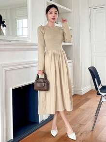 DAZY Crew Neck Solid Color Buttoned Pleated Women Knitted Sweater Dress