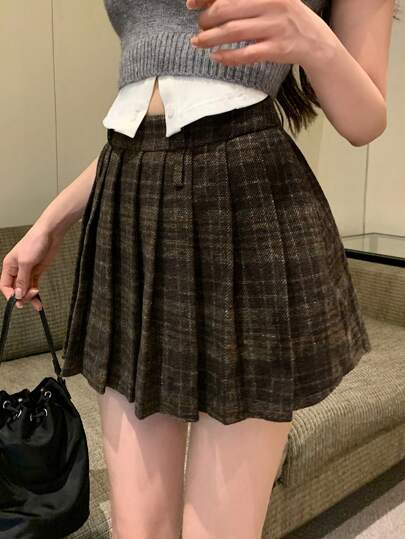 DAZY Rutig plisserad A-linjekjol för kvinnor, lämplig för skolstartssäsongen, vår/höst