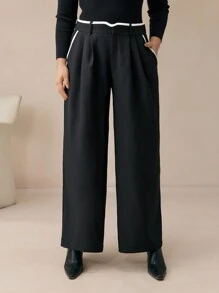 BizChic Plus Size Women's Elegant Straight Leg Office Pants With Contrast Color Trim - Black - View 3