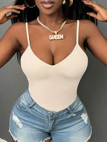 Slaydiva 休闲黑色露背细肩带紧身连身衣 - 杏色 - 查看 3