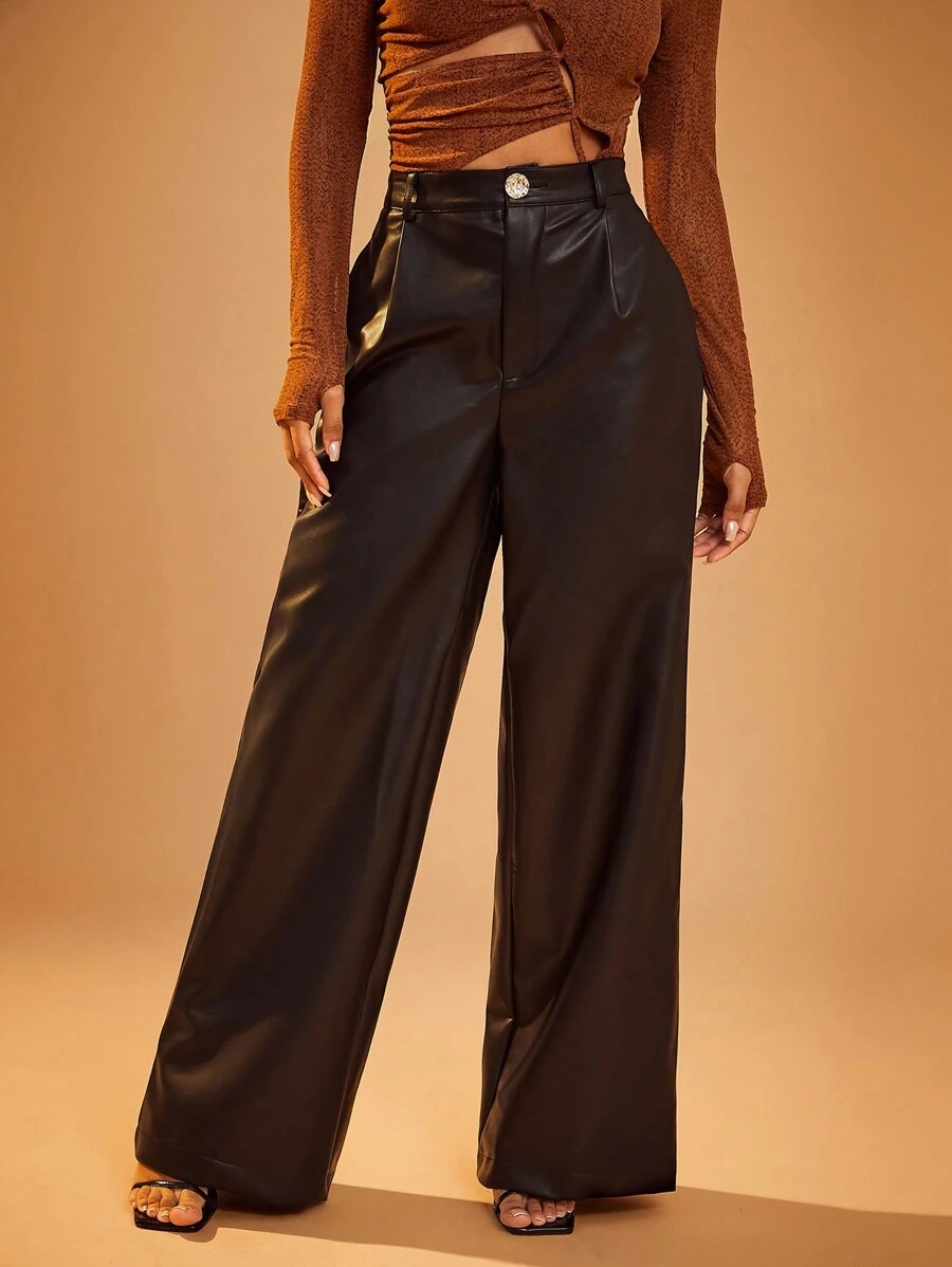 SHEIN Unity 高腰仿皮 PU 阔腿褶皱裤 - 黑色 - 查看 1