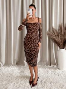 SHEIN Clasi 女士时尚豹纹露肩紧身中长连衣裙，适合秋季 - 棕色 - 查看 3