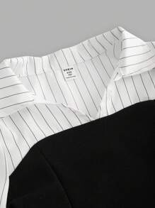 Tween Girls' Splice 2 In 1 Waist Knitted Striped Long Sleeve Shirt - Casual Retro Teenage Office Formal Blouse - Black and White - View 3