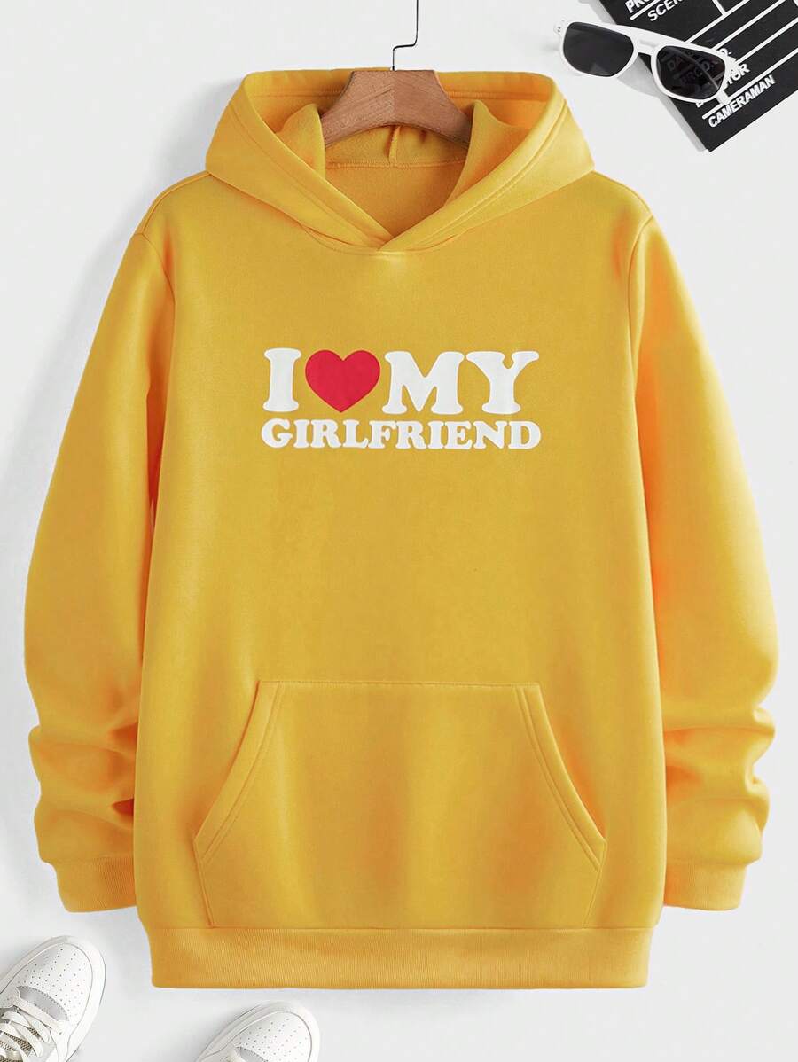 Manfinity Homme Men's Slogan & Heart Print Hoodie, Autumn/Winter - Yellow - View 1