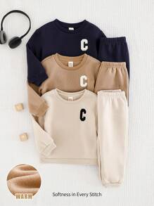 Cozy Pixies Set da 6 pezzi Body e pantaloni con stampa a lettere in maglia morbida per bambini maschi, completo invernale