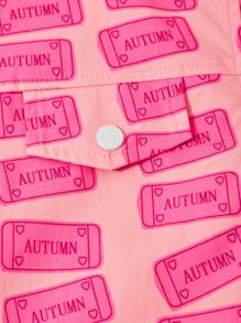 Tween Girls All Over Print Turn-Down Collar Jacket, Fashionable Street Style, Autumn - Hot Pink - View 7