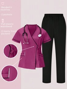 SHEIN TaskFit 2pcs Contrast Trim Casual Short Sleeve Top And Solid Color Pants Uniform Set, Scrub Sets - Hot Pink - View 1