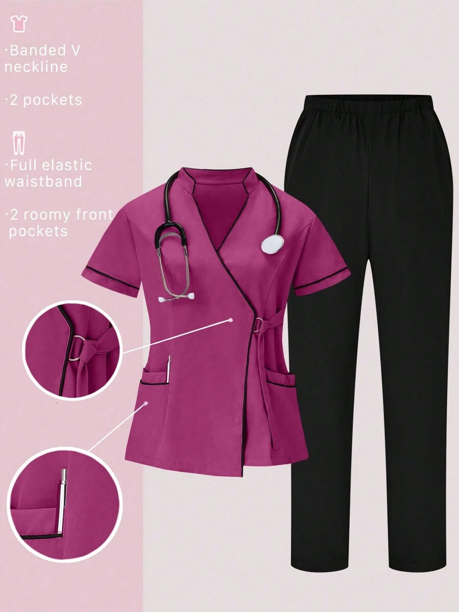SHEIN TaskFit 2pcs Contrast Trim Casual Short Sleeve Top And Solid Color Pants Uniform Set, Scrub Sets - Hot Pink - View 1