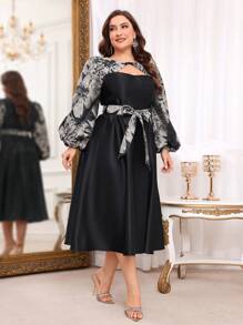 SHEIN Belle Plus Size Black Gold & Silver Organza Jacquard Patchwork Satin Hollow Out Lantern Sleeve Elegant Ball Gown, Long Sleeve Semi Formal Prom Dress, For Birthday, Wedding Guest, Graduation Homecoming - Black - View 5