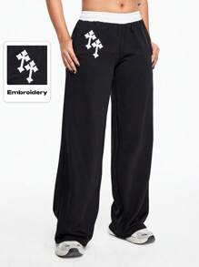 ROMWE Grunge Punk Y2K Ultra Low Waist Cross Embroidered Sweatpants