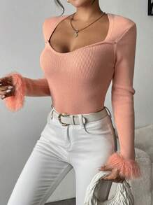 SHEIN Clasi Women's Slim Fit Furry Sleeve Base Layer Sweaterbusiness Casual Woman,Work Wear,Fall Wedding Guest Dress,