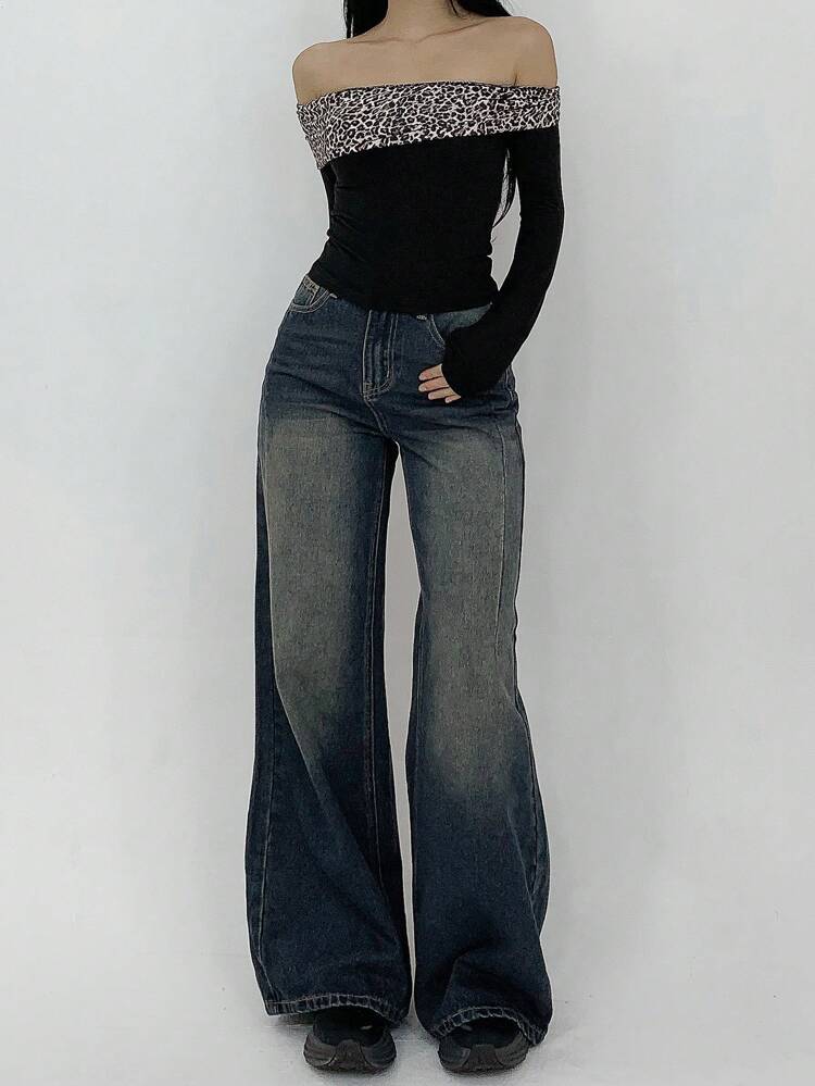 Women Front Button Pocket Plain Casual Straight Leg Jeans