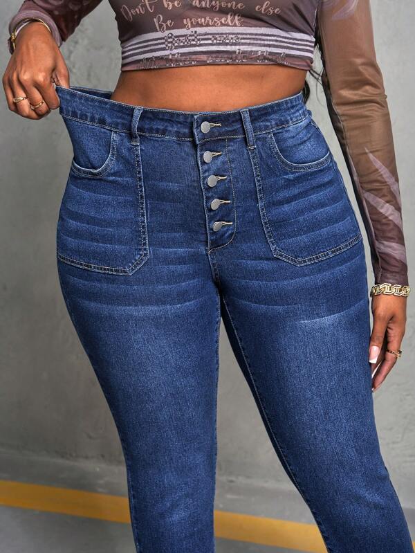 SHEIN SXY Plus Size Women's Jeans Sexy Skinny Breasted Stretch Blue Jeans Fall Clothes Curve Women Jeggings