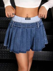 SHEIN Teen Girls' Y2K Fashion Patchwork Blue & White Stripe Dual-Waistband Pleated Denim Mini Skirt, Girls Fall Clothes Streetwear Outfits - Multicolor - View 3
