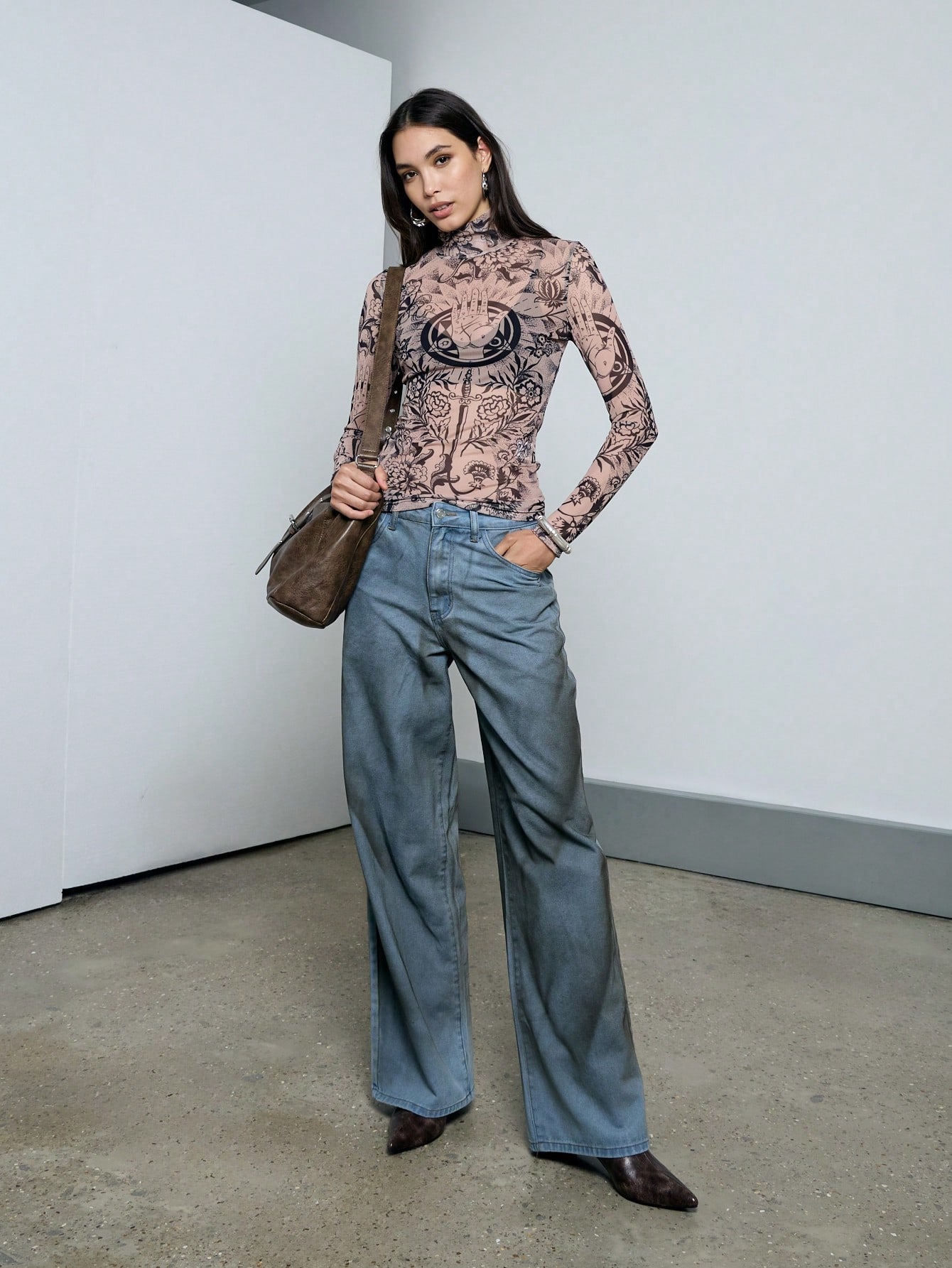 AiiRZ Sheer Tattoo Printed Fitted Long Sleeve High Neck Top
