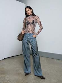 AiiRZ Sheer Tattoo Printed Fitted Long Sleeve High Neck Top - Multicolor - View 4