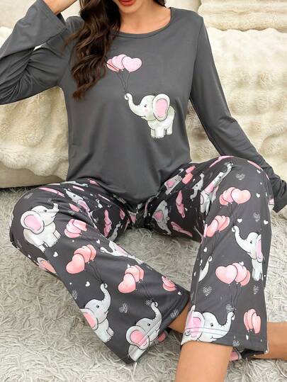 Cartoon Elephant & Balloon Print Long Sleeve Top And Loose Straight Leg Pants Pajama Set, For Women Cute Pajama Set Women Pajama Set, Fall Winter Clothes
