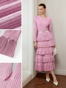 MOTF PREMIUM 纯色喇叭袖层叠荷叶边下摆连衣裙（无腰带） - 粉色 - 查看 2