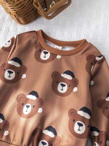 Cozy Pixies Baby Boy Cartoon Christmas Bear Print Crew Neck Long Sleeve Raglan Sweatshirt - Brown - View 10