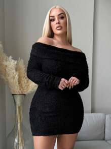 SHEIN SXY Vestido corto y esponjoso de manga larga de talla grande para mujer, ajustado y de cuello alto, cómodo y casual, para otoño/invierno, color negro - Negro - Ver 3