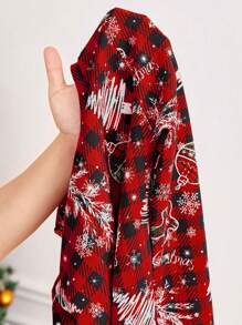 SHEIN 青少年女孩合身休闲简约舒适圆领圣诞元素印花长袖直筒连衣裙 - 紅色 - 查看 7