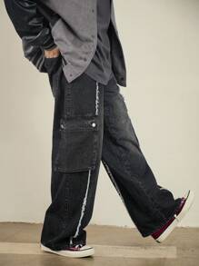 DAZY Jeans cargo holgados con bolsillo con solapa de borde crudo, estilo urbano, para otoño