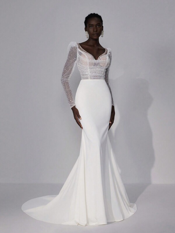 SHEIN Belle Elegant Luxury Beige Sheer Long Sleeve V Neck Pleat Ruching Pearl Splice Bandage Fishtail Mermaid Dress With Train, Suitable For Wedding, Bridal Shower, Bachelorette Party, White Dress