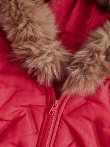 Flirla Plus Size Zip-Front Plush Collar Padded Padded Padded Coat, For Winter Clothes Fall Cloth For Women - Red - View 3