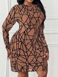 Maweii Plus Size Round Neck Long Sleeve Allover Print Short Casual Dress - Coffee Brown - View 3