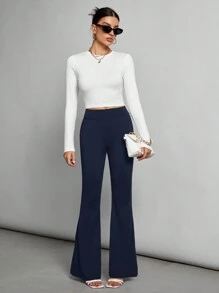 SHEIN Tall Quần ống loe bó cạp cao dệt kim màu đen dành cho nữ - Màu xanh hải quân - Xem 6