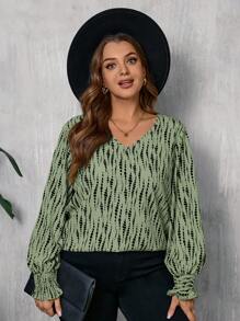 SHEIN LUNE Plus Size Allover Print V-Neck Lantern Sleeve Blouse Fall Women Clothes, Casual Everyday Wear Green Holiday Outfit,