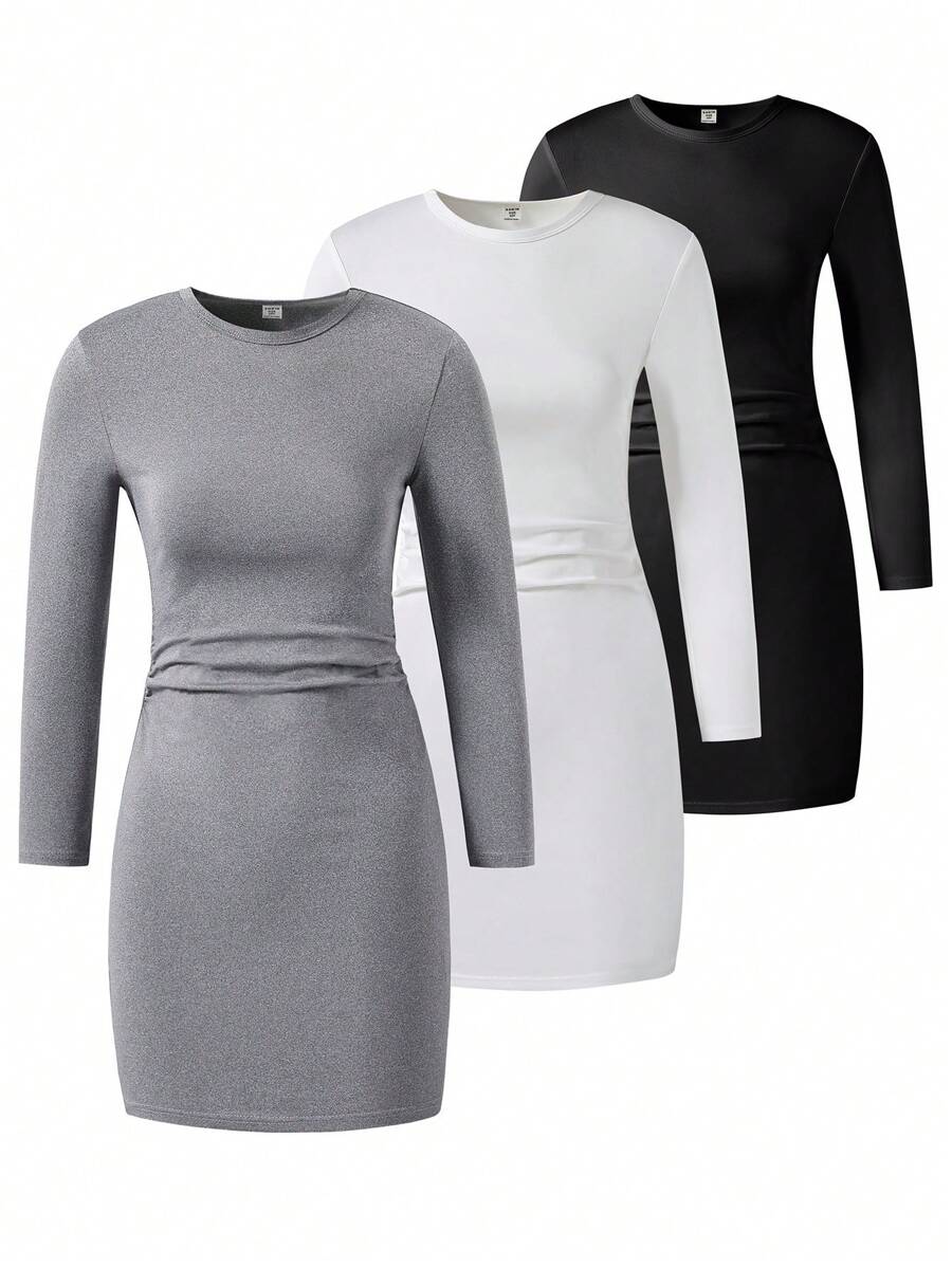 Tween 女童纯色休闲长袖连衣裙，百搭秋季 - 彩色 - 查看 1