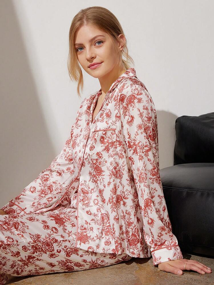 Conjunto de pijama y lencería de satén con estampado floral y botones para mujer, ideal para el verano