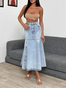 EURMUSE High Waist Flared Hem Denim Skirt - Blue - View 1